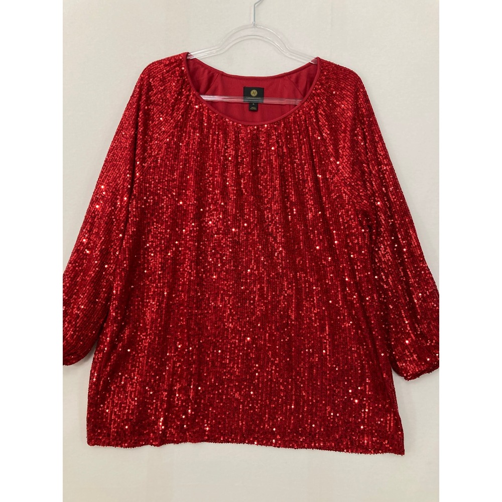JM Collection Sequin Blouse XL Red Long Sleeve Holiday Party Evening Stretch